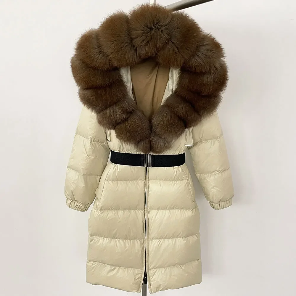 New Natural Thick Warm Long Winter Jacket Women 90% White Duck Down Coat  Real Big Fox Fur Collar Belt Loose Puffer Parka