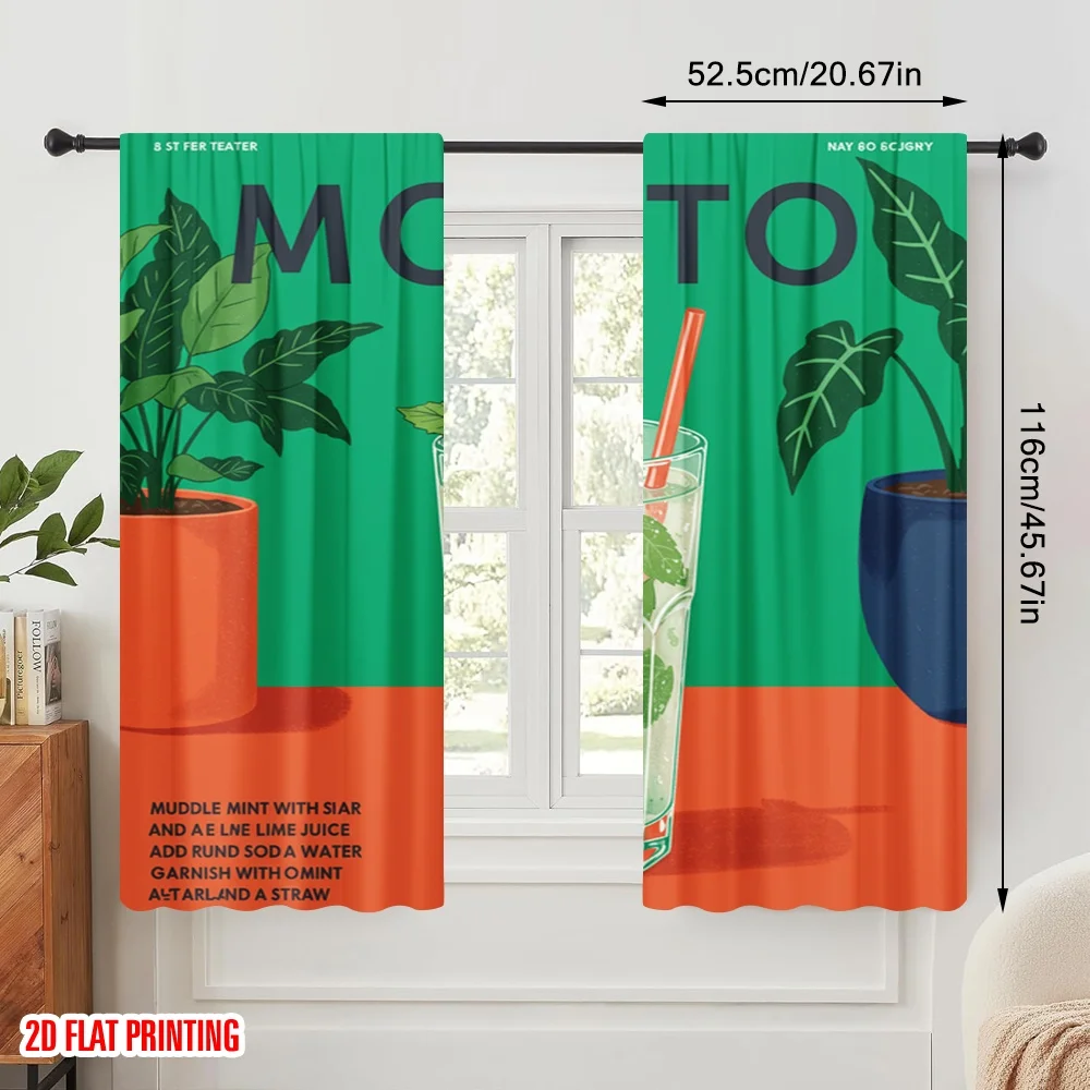 2pcs 2D flat printing Party Window Curtains Mojito Summer Drink Green Polyester Without Electricity Birthday Party for Home