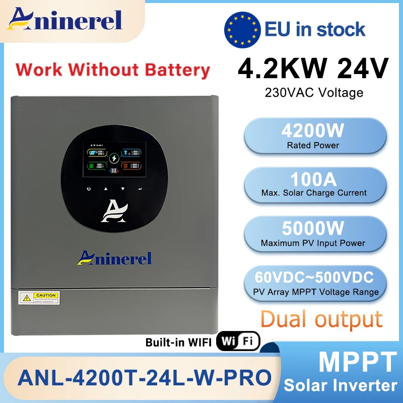 Aninerel 4.2KW 24V Hybrid Solar Inverter Dual Output Color LCD Display Off/On grid Inverter MPPT 100A PV 500VDC Built-in WiFi