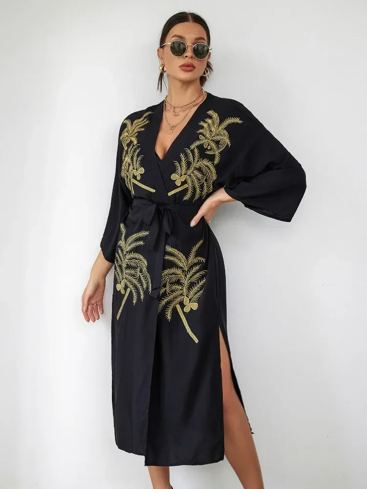 

Beach Kimono Cover Ups for Swimwear for Women Gold Flower Embroidery Swimsuit Cape Self Belted Wrap Dresses Pareo Bathing Suits