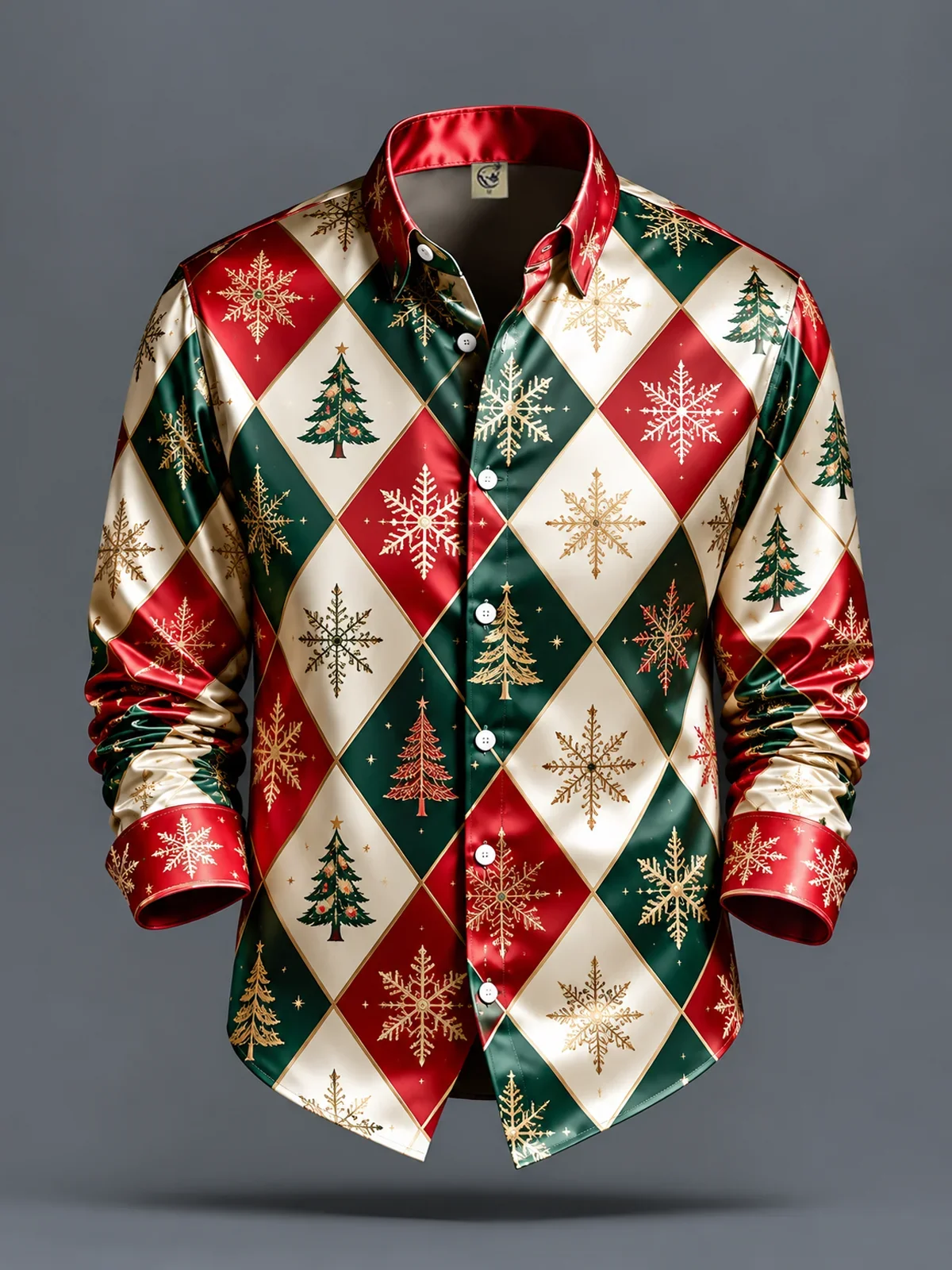 Men Satin Button Up Shirt Red Green Diamond Plaid Christmas Tree Snowflake Print Long Sleeve Holiday Shirt