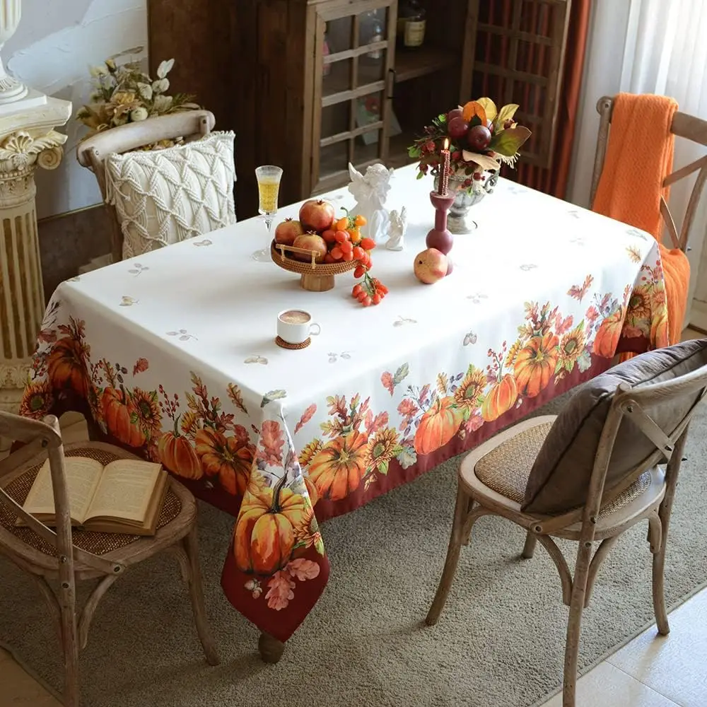 Fall Harvest Pumpkins Maple Leaves Rectangle Tablecloth for Table Decor Reusable Kitchen Dining Tablecloth Autumn Decorations