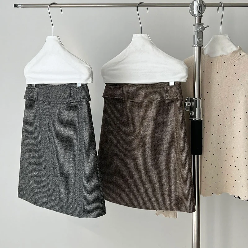 Damska spódnica retro z wysokim stanem, prosta, wełniana, z paskiem, w stylu francuskim, w jodełkę, podstawowa, luźna, elegancka, na jesień i zimę.