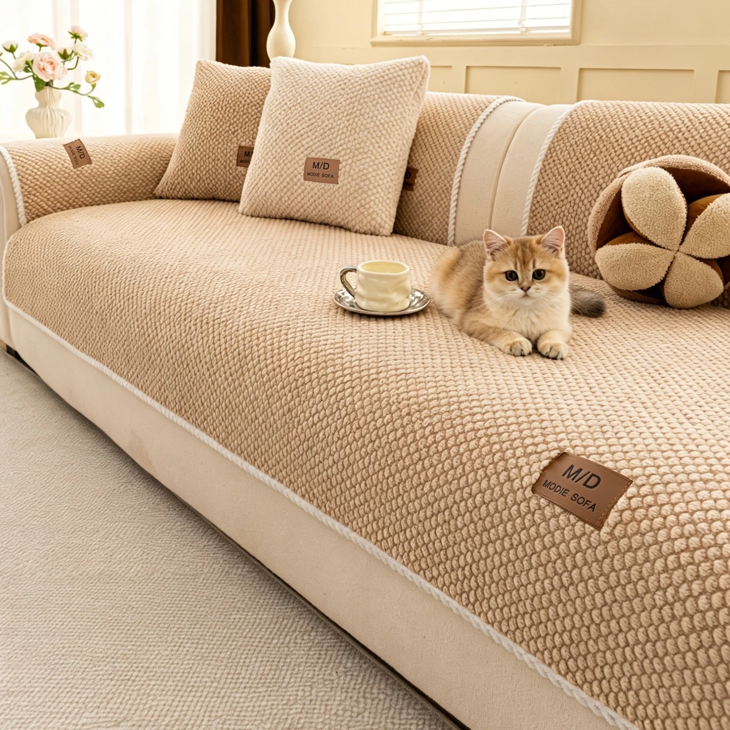Cozy Warm Soft Tuffed Fleece Anti-Slip Sofa Cover with PU Label, for Living Room Couch Seat Cover Slipcover Machine Washable