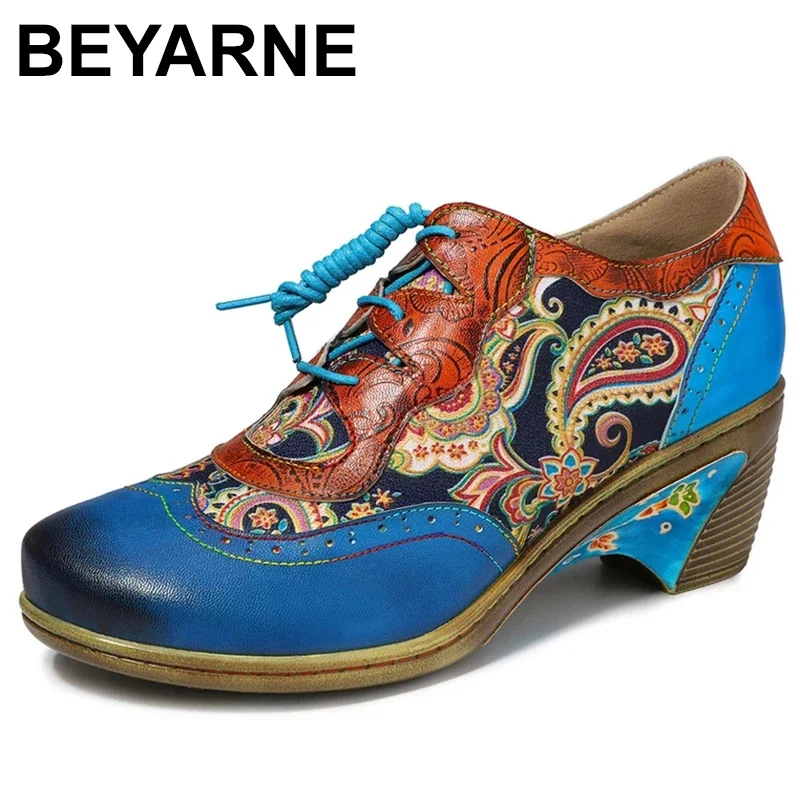 Bohemian Vintage Style Women Pumps Shoes Woman Spring Summer Genuine Leather Block High Heels Zipper Printed Ladies Shoes