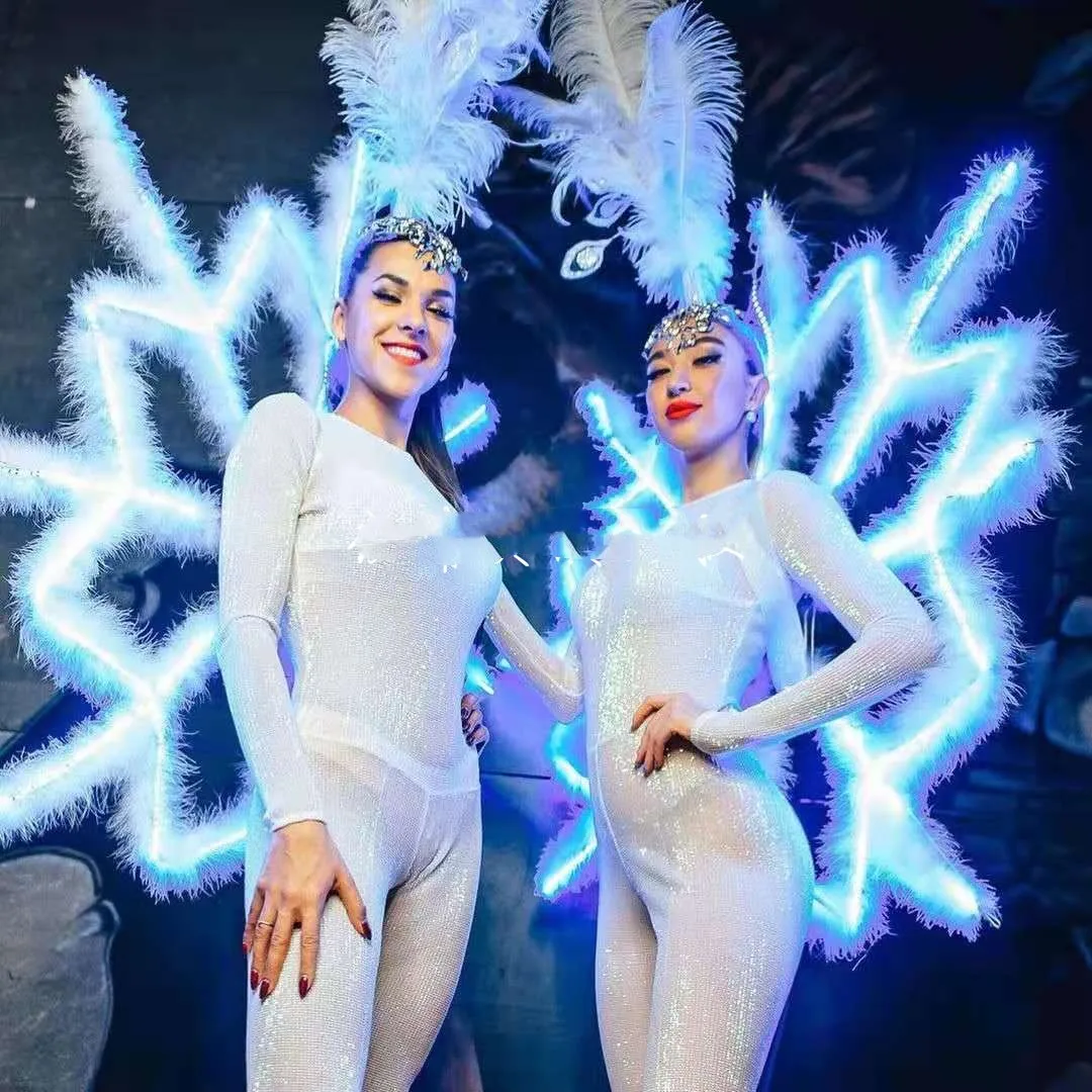 Women Feather headdressWhite atmospheric luminous snowflake backboard suit female gogo business costume Christmas