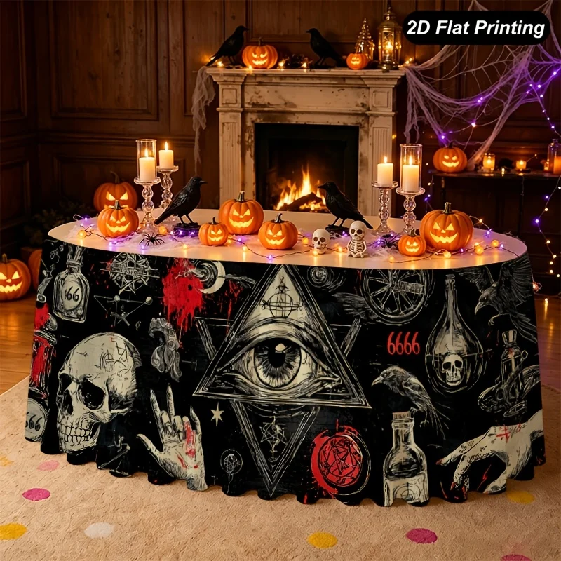 Halloween table skirt, black background with dark and mysterious patterns - Eye of Providence, Skull