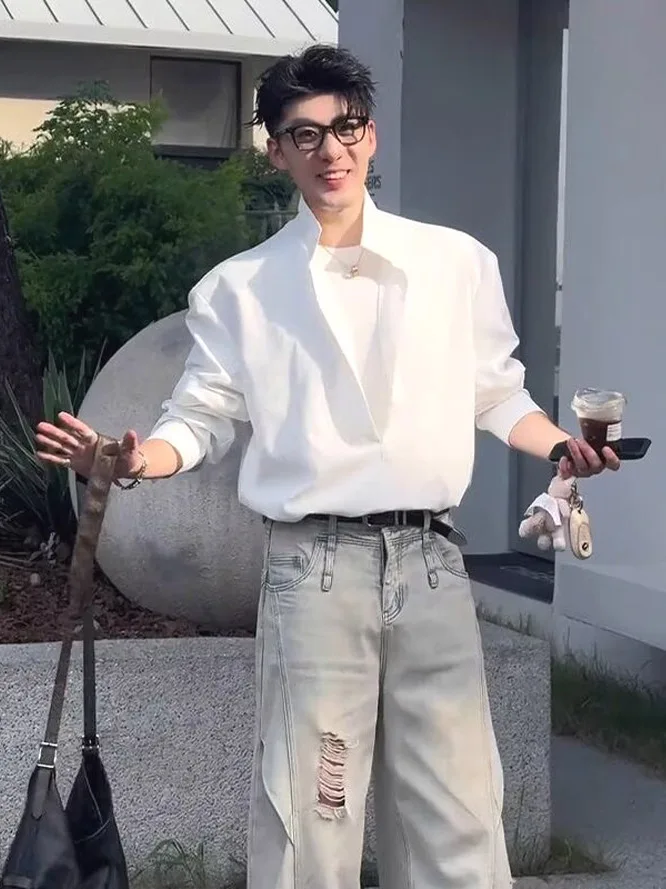 

Casual Loose Long Sve Stand Collar White irt Men's Fake Two-Piece Layering Deep V Design Trendy Button-Up Faionable