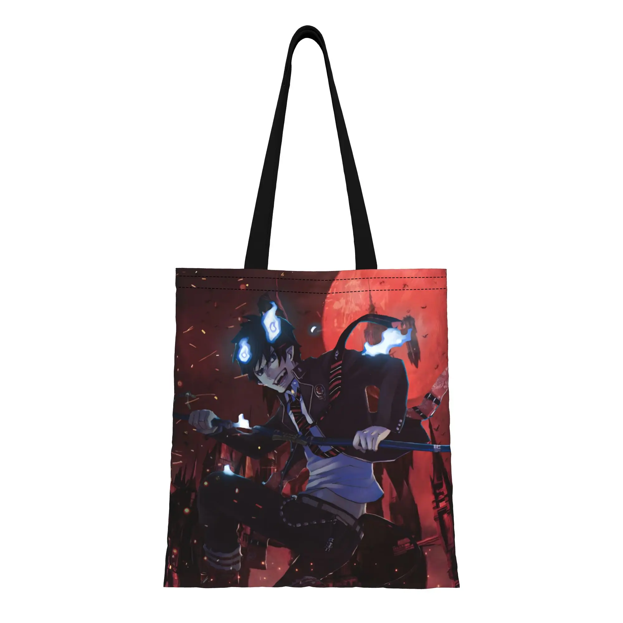 

1PC Large Capacity Rin & Red Moon Blue Exorcist Canvas Tote Bag Foldable Chic Pattern No Closed Design