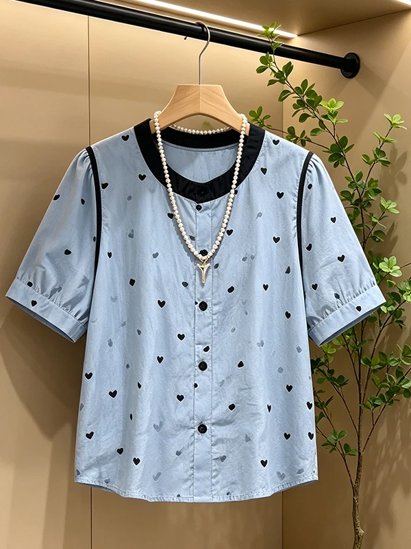 

Summer New plus Size Heart Print Color Block Short Sleeve Shirt Women's Korean Style Atmosphere Slimming Top