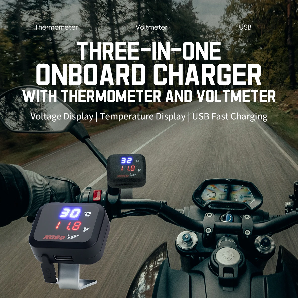 3in1 Mini Water Temperature Gauge Voltmeter Motorcycle Phone USB Charger Emergency Charging Waterproof LCD Digital Display KIT view 4