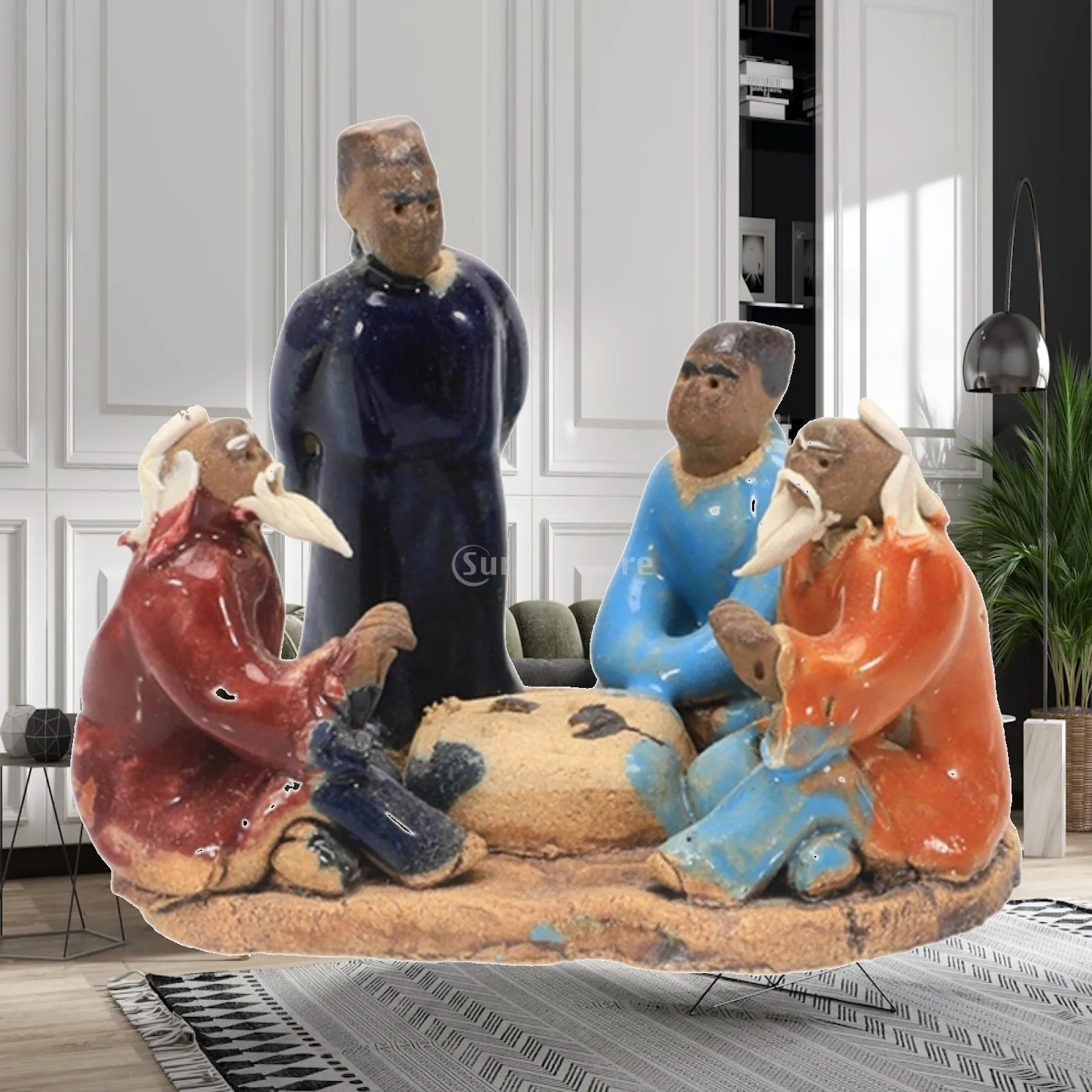 High Temp Fired Ceramic Figurine Old Men Playing Chess for Fish Tank Aquarium Ornament Desk Patio Garden Bonsai Sand Tray