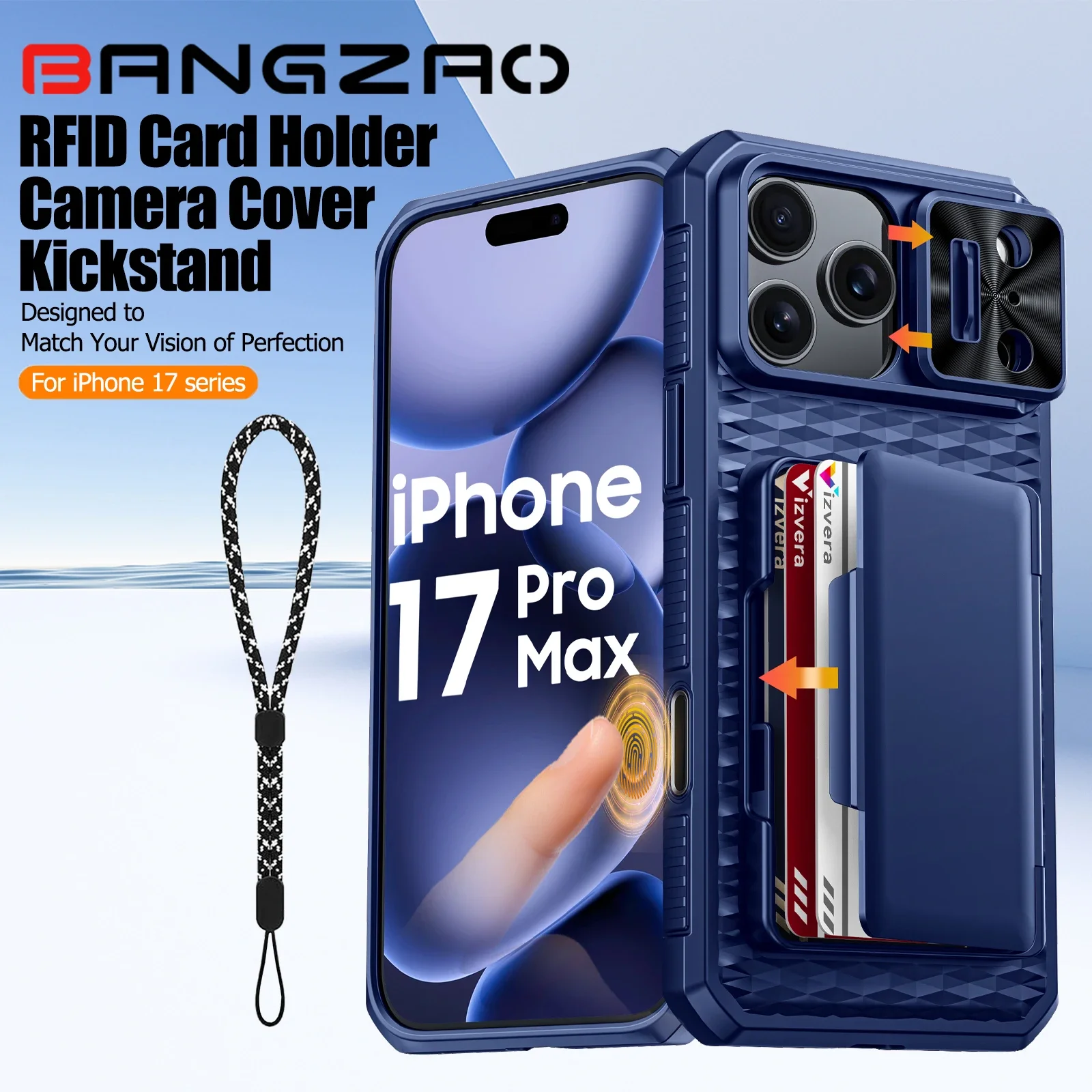 

С держателем для карт, раздвижной чехол для камеры и подставка для iPhone 17 Pro/17 Pro Max, чехол-кошелек с защитой от падения ПК + ТПУ — синий