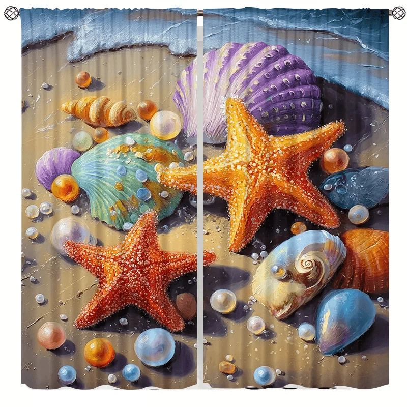 Starfish and shell pattern curtains, installed with pocket rods, are suitable for bedrooms, living rooms, balconies can be used