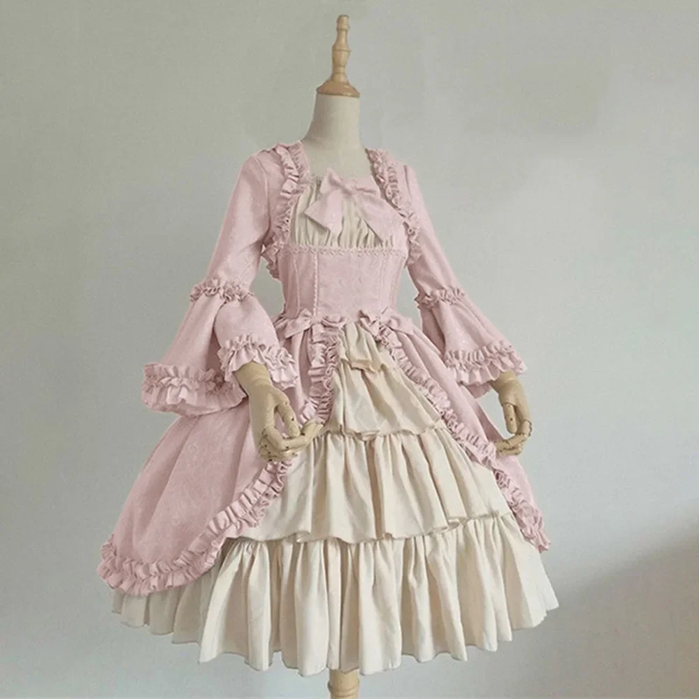 

Vintage Gothic Court Dress Bow Lolita Dresses Medieval Square Collar Waist Hugging Stitching Ruffle Cute Puffy Dress