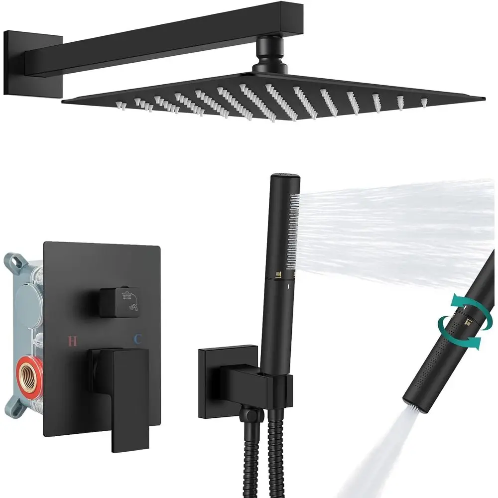 

12-дюймовая матовая черная душевая система с ручным распылителем 2-в-1 и настенным креплением