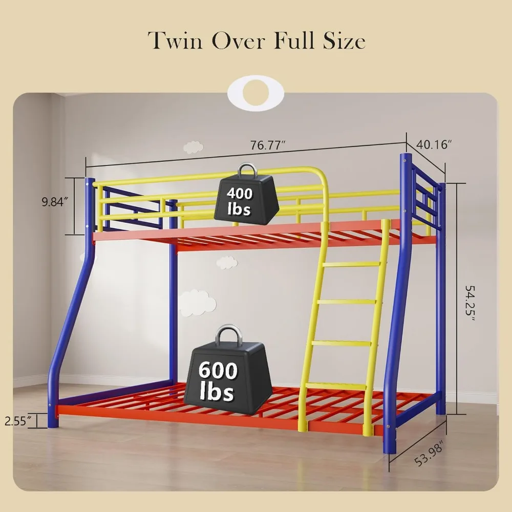 سرير مزدوج بطابقين كامل للبالغين مع حاجز أمان وسلم، إطار سرير ملون كامل الحجم، خيار T للسرير الدائري #2
