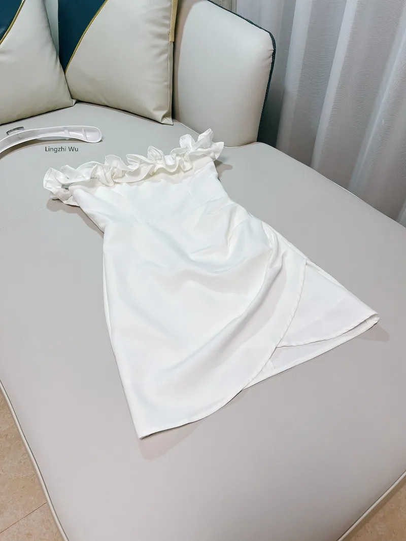 Lingzhi Wu-Strapless Formal Dresses for Ladies, Fungus Hem, Slash Neck, White, Elegant, French Design, New Arrival, Summer