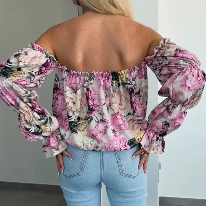 Sexy Off Shoulder Ruffle Blouses Women Elegant Flower Printed Shirts For Women Casual Spring Summer Shirt Tops