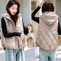 2024 Down Cotton Vest Women Parka Short Autumn Winter Jacket Coat New Korean Hooded Sleeveless Jacket Warm Female Waistcoat Tops