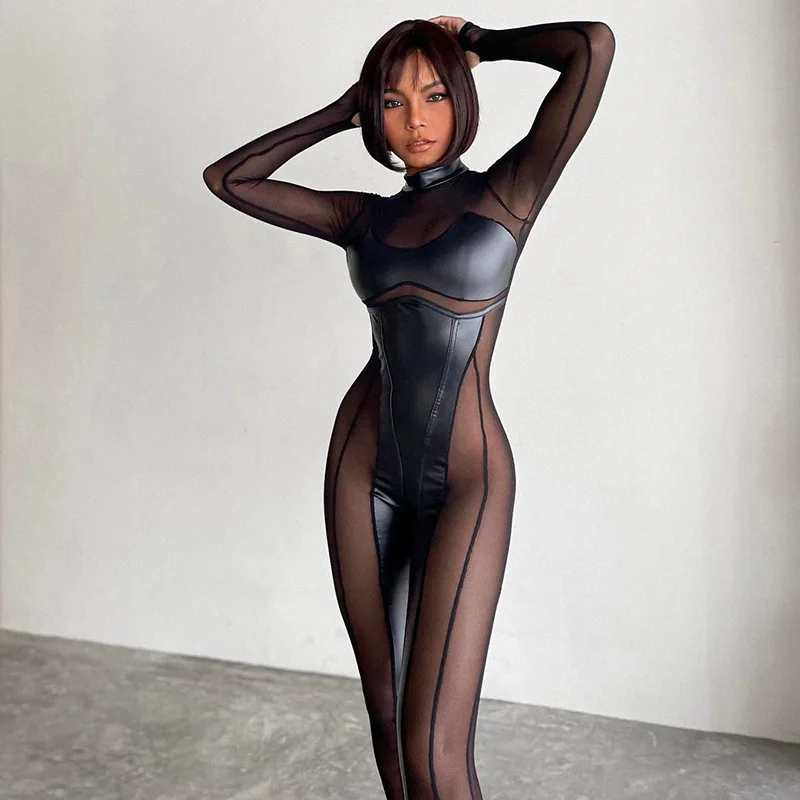 

Clinkly Mesh Pu Leather Women Jumpsuit Sexy Black Long Sleeve 2023 Summer Autumn Bodycon Overalls Y2k See Through