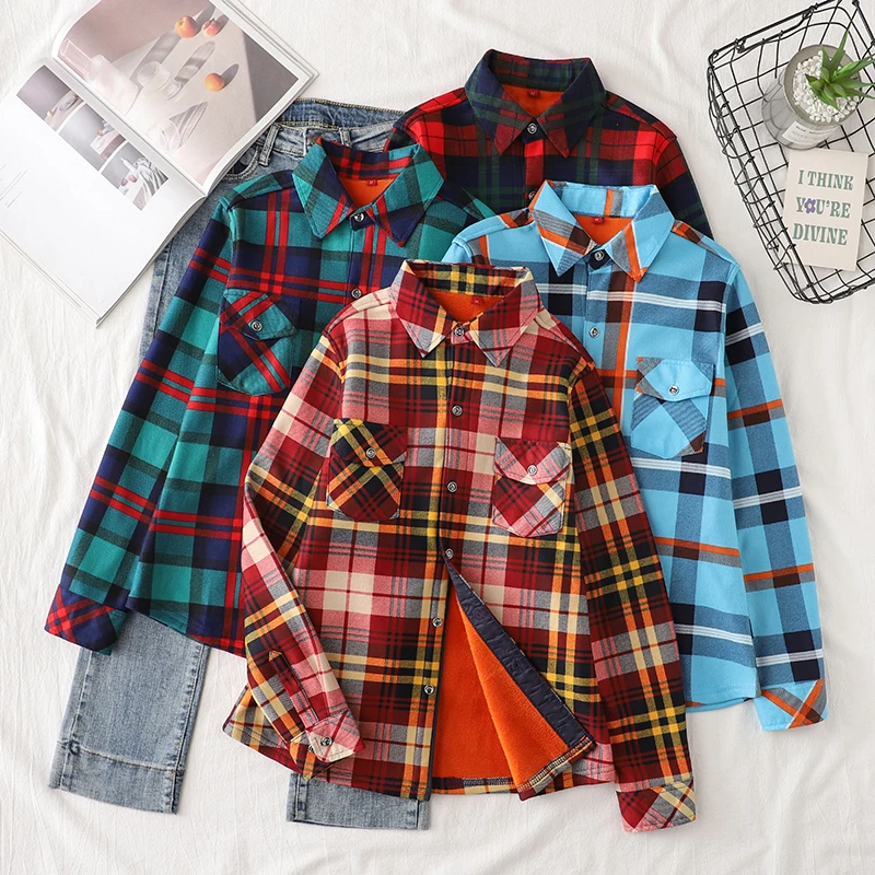 Casual Thick Fleece Shirt Style Jacket Women Winter Hot Warm Lady Plaid Coat Plus Velvet Tops Female Checkered Clothes Outerwear