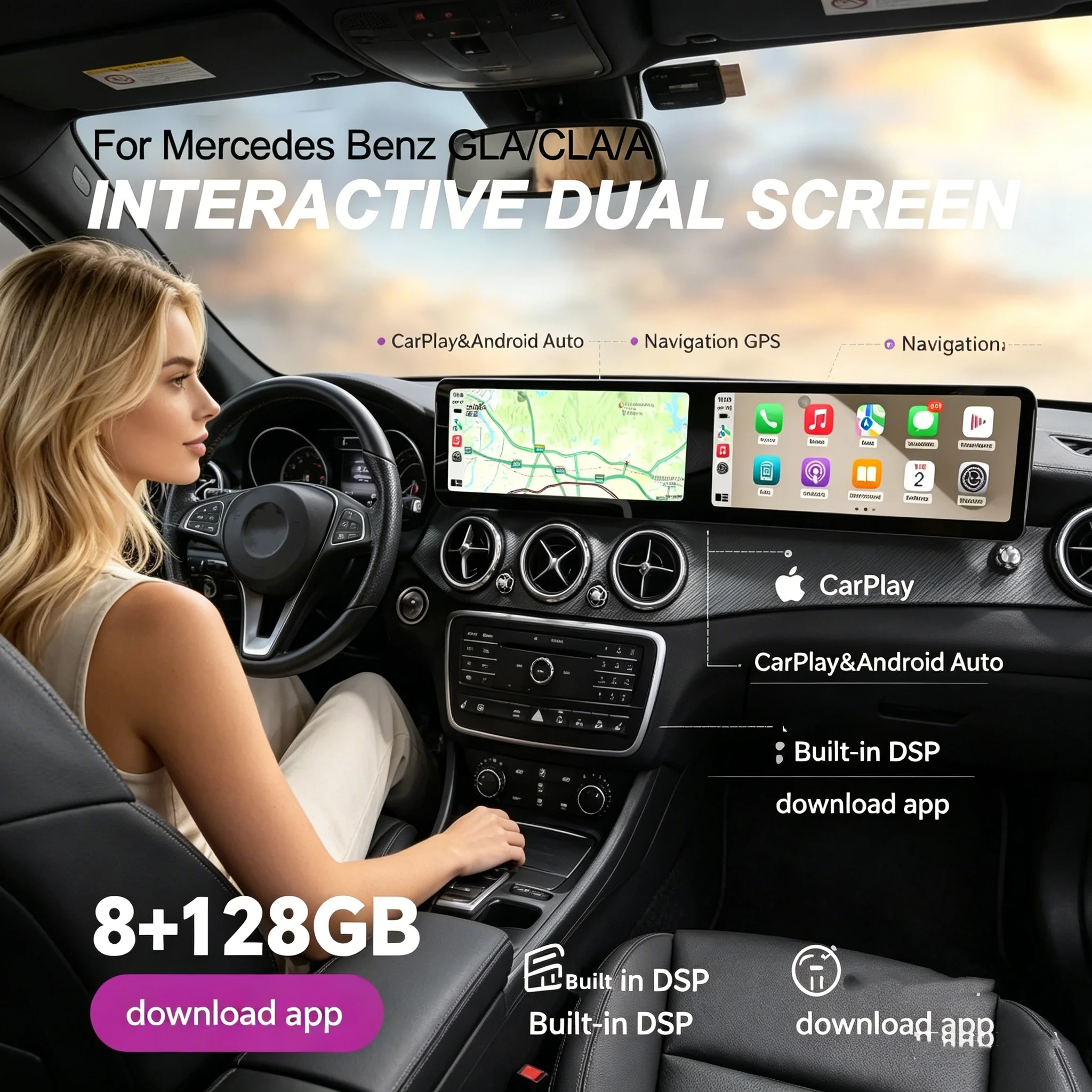 Dual 12.3inch Screen Car Radio Carplay For Benz GLA X156 A W176 B W246 Interactive Display Android14 Multimedia Player