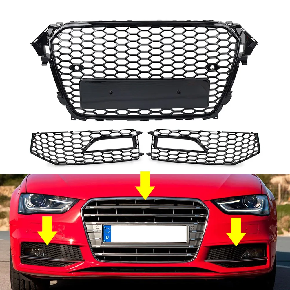 3-teiliges schwarzes Front-Wabengitter-Nebelscheinwerferabdeckungs-Set aus ABS für Audi A4 B8.5 S4 2013 2014 2015 nur für Sportmodelle.