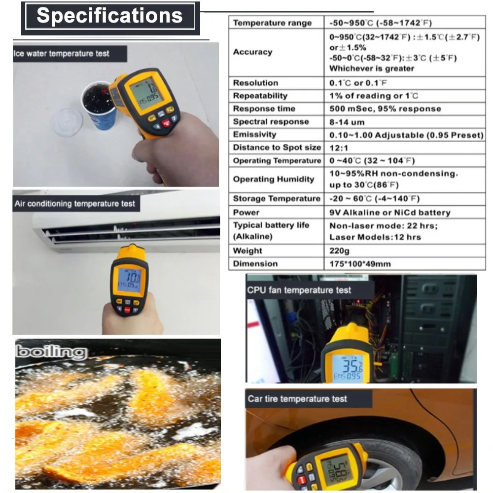 GM900 BENETECH 적외선 온도계, 디지털 레이저 온도계, 온도 센서 건, 비접촉 온도계,-50 ~ 950 ℃