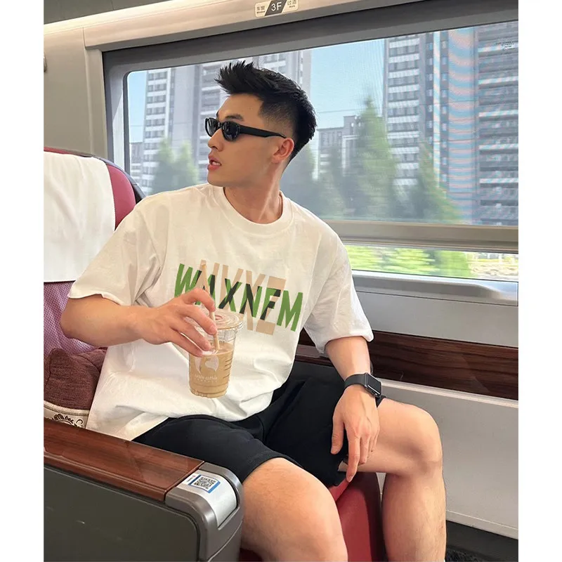 2026 Summer Retro Double Layer Overlap Letter Print T-Shirt Men Cotton Oversized Fit Streetwear Casual Tops For All Seasons