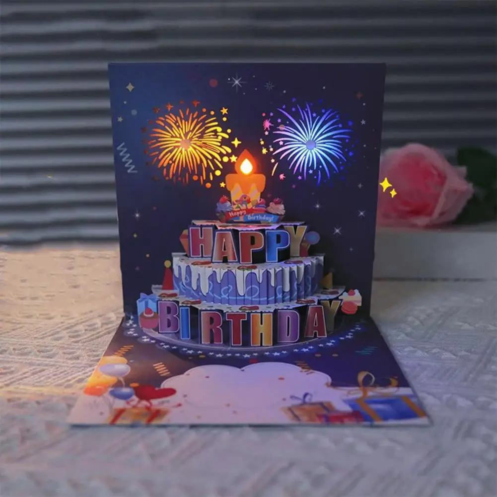 3D Pop Up Birthday Cards Birthday Cake Greeting Cards with Pyrotechnics Music Blowable Candle Musical Birthday Cards