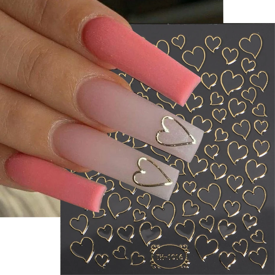 1PCS Gold Heart Nail Stickers Y2K Nail Art Decoration Hollow Love Heart Abstract Bronzing Flowers Stickers For Nails