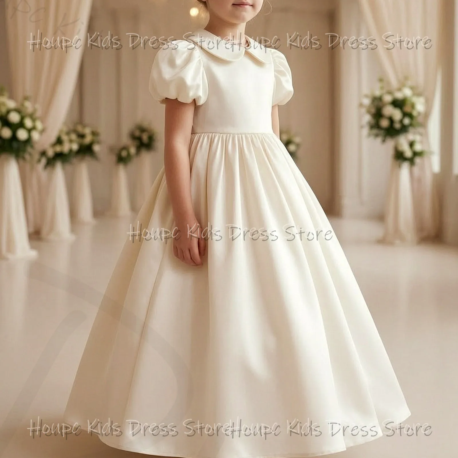 Wedding Custom Flower Girl Dresses Princess Style Satin Peter Pan Collar Puffed Sleeve Ivory Wedding Birthday Party