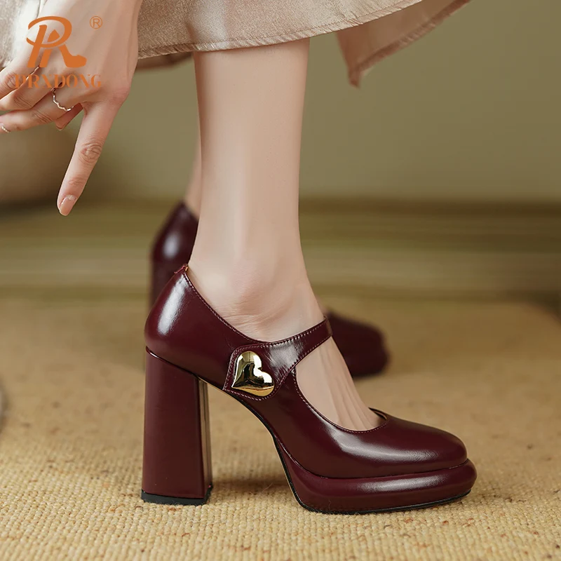 PRXDONG 2024 New Spring Genuine Leather High Heels Platform Black Wine Red Retro Mary Janes Dress Party Lady Pumps Rozmiar 34-39