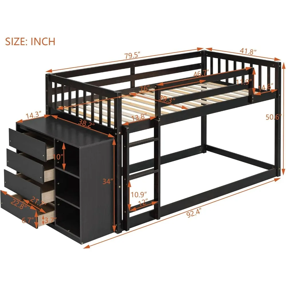 보관함 포함 트윈 오버 트윈 벙커침대, 나무 트윈 플로어 벙커침대, 서랍 4 개, 선반 3 개, 낮은 벙커침대 프레임, 트윈 로프트 침대