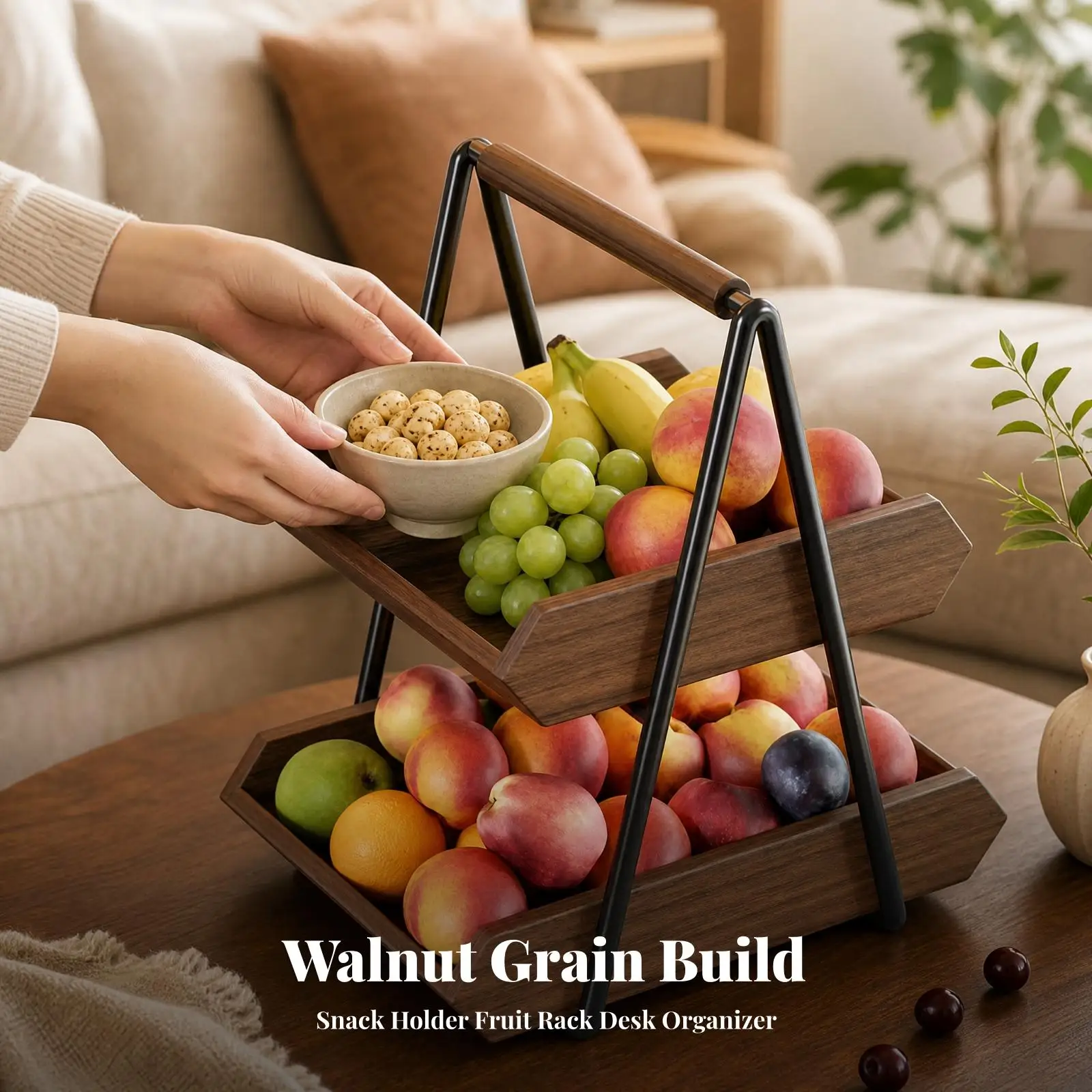 Industrial Tray Storage Rack Two Tier Wooden Tabletop Organizer with Handle for Kitchen Counter Snack Display Shelf