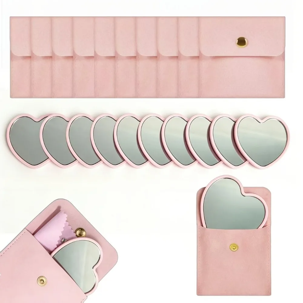 10/20/30 ensembles de miroirs de maquillage en verre rose en forme de cœur avec trousse de toilette assortie pour les voyages, la décoration de la maison, les cadeaux de vacances