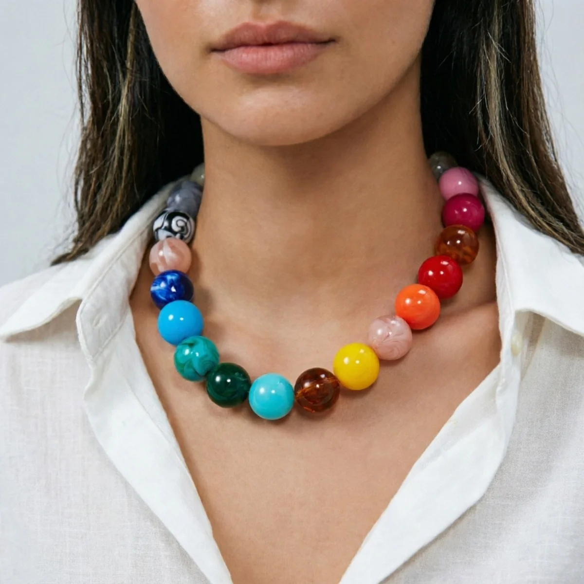 Modische bunte Acryl-Halskette mit großen runden Perlen für Damen und Herren, böhmische blaue braune Harzperlen, Choker, Y2K-Ästhetik-Schmuck – Detail 12