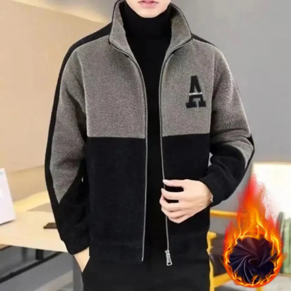 No Pilling Men Winter Sweatshirt Men Plush Jacket Thick Warm Men's Winter Coat with Stand Collar Soft Zipper Closure for Fall