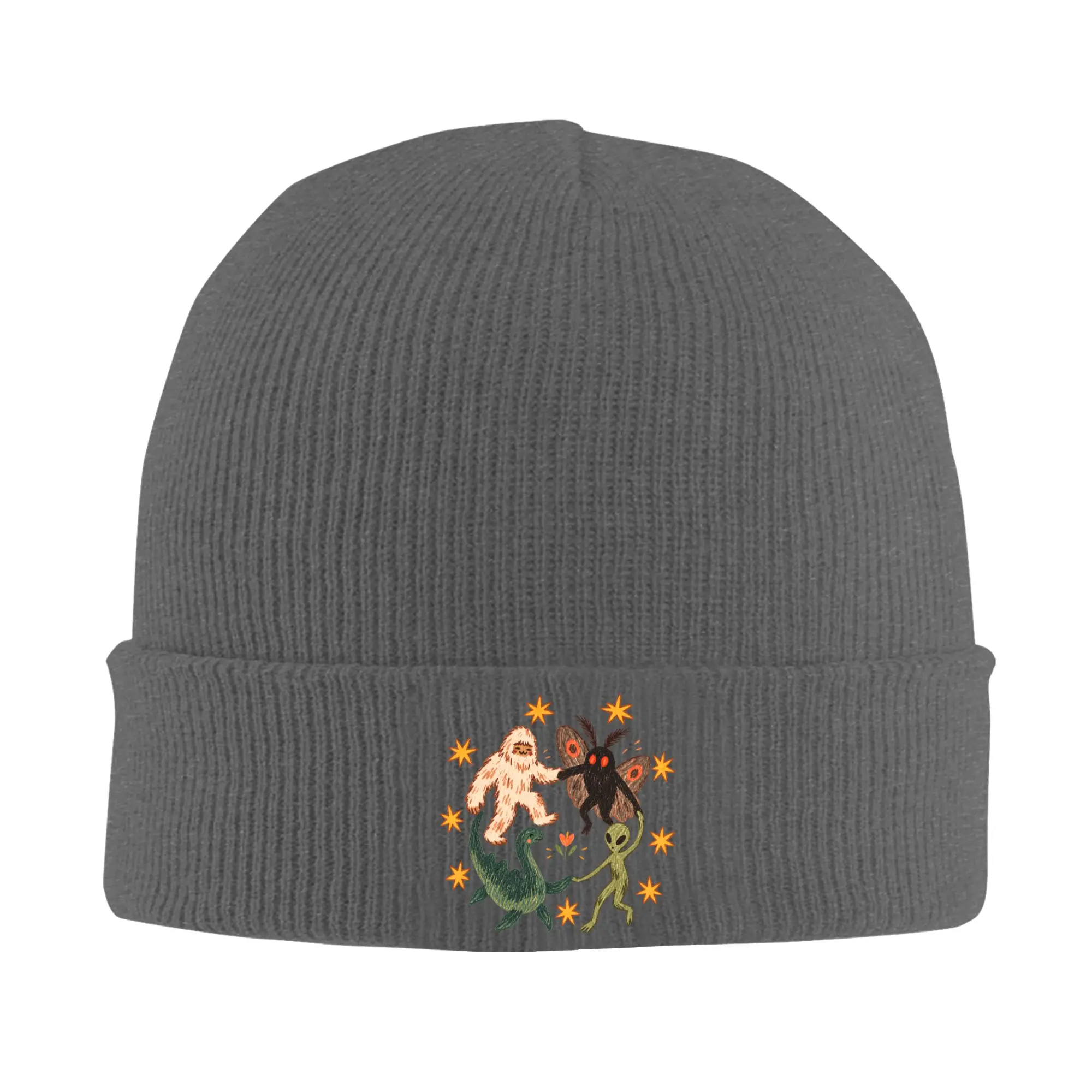 Dancing Cryptids Hat Autumn Winter Beanies Warm Bigfoot Alien Mothman Loch Ness Cap Unisex Acrylic Bonnet,