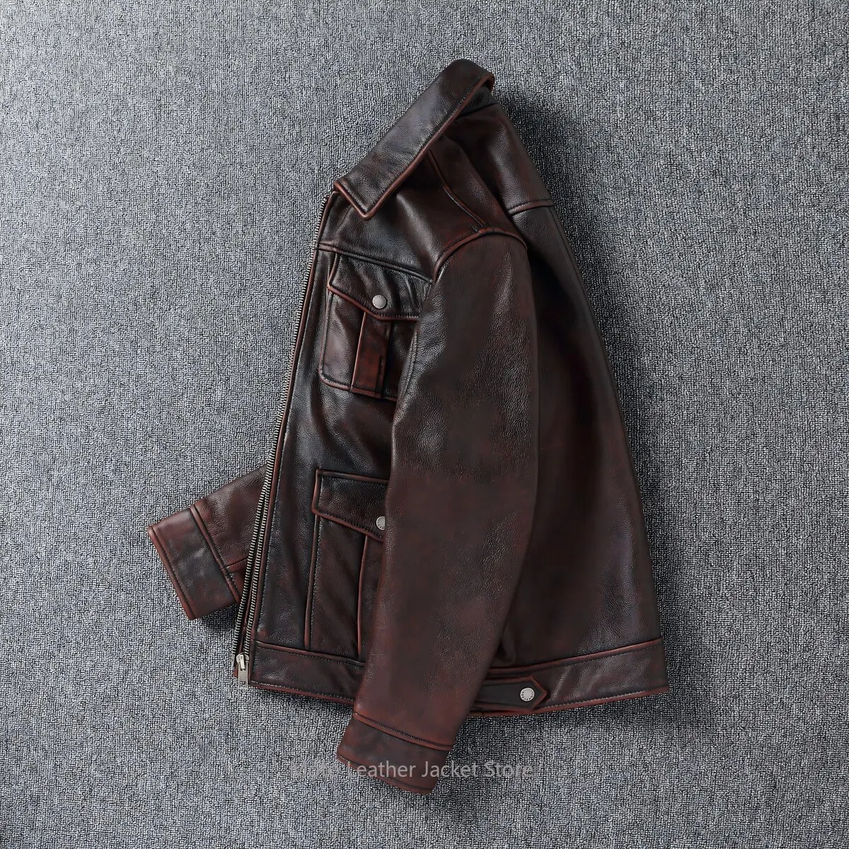 Vintage Motorcycle Genuine Leather Jacket Stone Washed Distressed First Layer Cowhide Multi Pocket Safari Style Coat Men