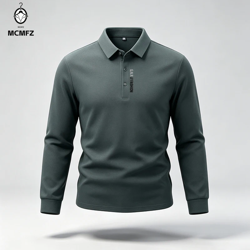 Men Minimalist Long Sleeve Polo Shirt Lapel Collar Letter Print Detail Soft Material For Everyday Urban Casual Daily Dressing