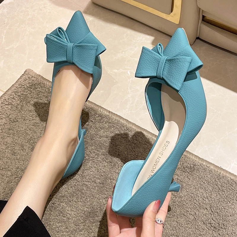 2024 New Bowknit Thin Heels Pumps Women Blue Elegant Slip-On Party Shoes Woman Summer Pointed Toe Solid Color High Heels Shoes