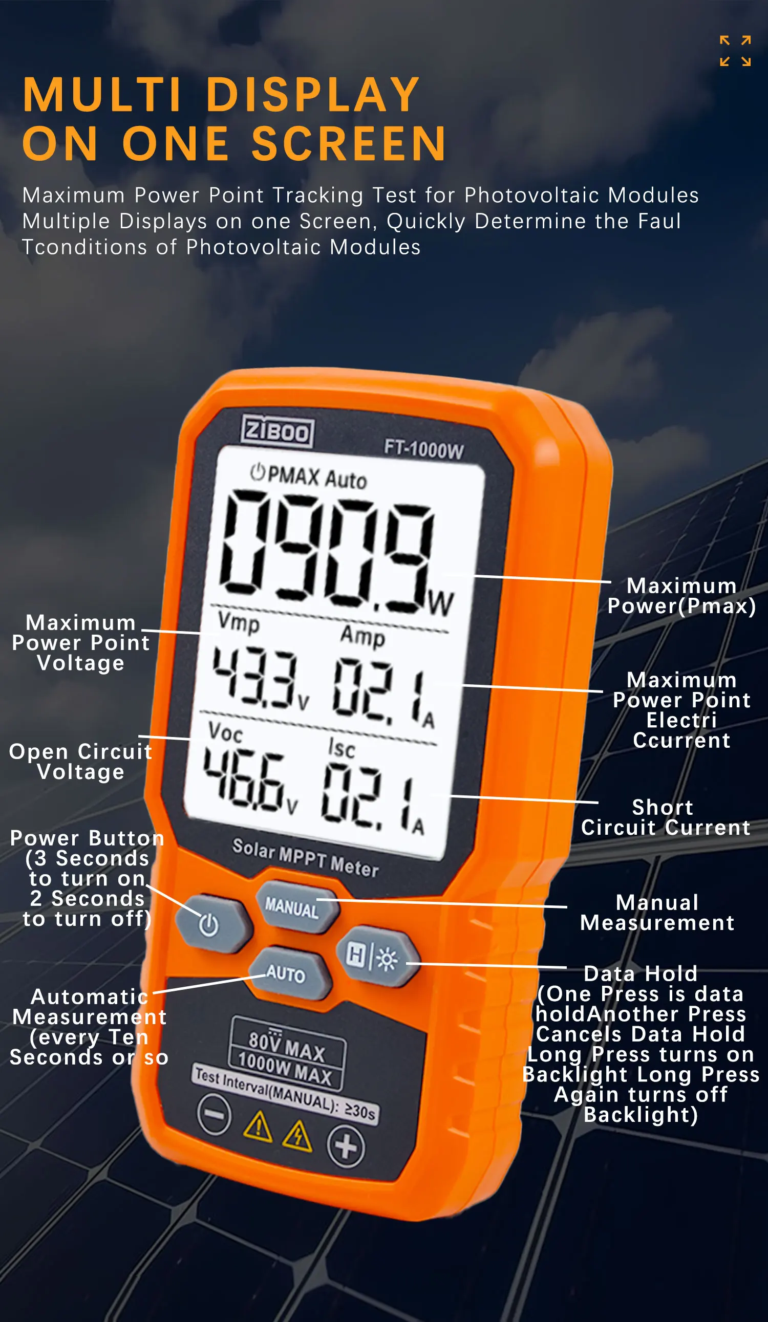 ZIBOO Solar MPPT Meter Photovoltaik Multimeter, PV Modul FT-1000W MAX Power Tester, Offene Stromversorgung Spannung Kurzschluss Strom – Detail 3