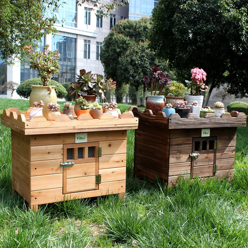 FIBER carbonized solid wood indoor flat top wooden dog house cat house dog cage pet house can be placed with flower