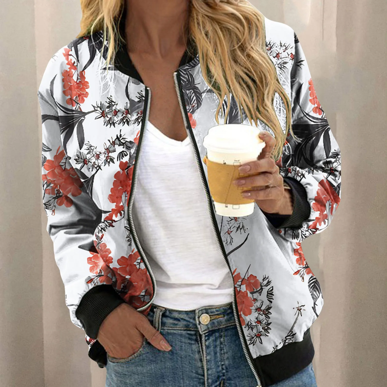 Vintage Daily Basics Sport Bovenkleding Vrouwelijke Bloemenprint Opstaande Kraag Jassen Lichtgewicht Casual Jas Met Ritssluiting