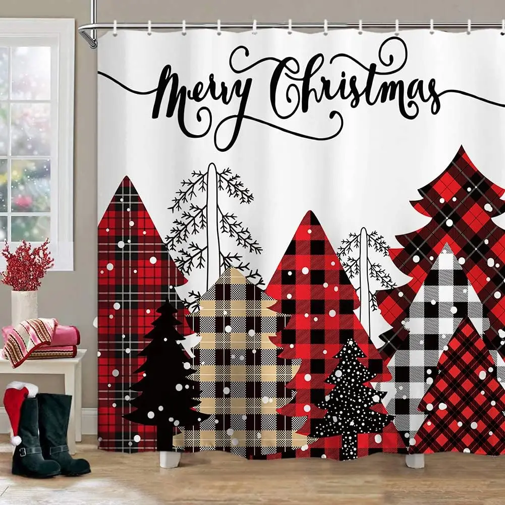 Winter Christmas Shower Curtain Red Truck Snowman Reindeer Snowy Farmhouse Bath Curtain Washable Polyester Fabric Bathroom Decor