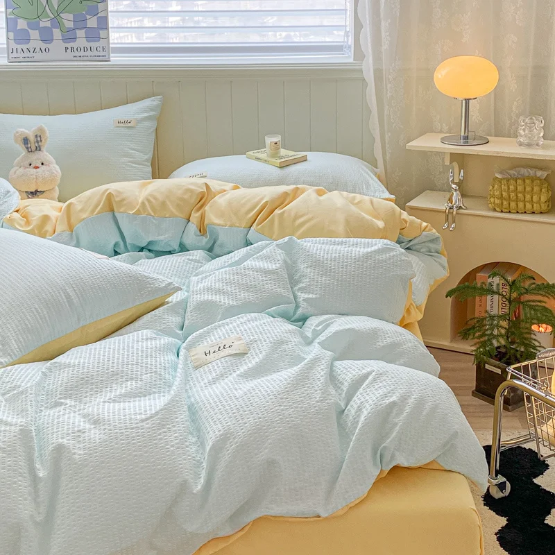 Iins Seersucker Washed Cotton Four-Piece Bedding Set Cotton Solid Color Quilt Cover Set Bedding Three-Piece Set Bed Sheet