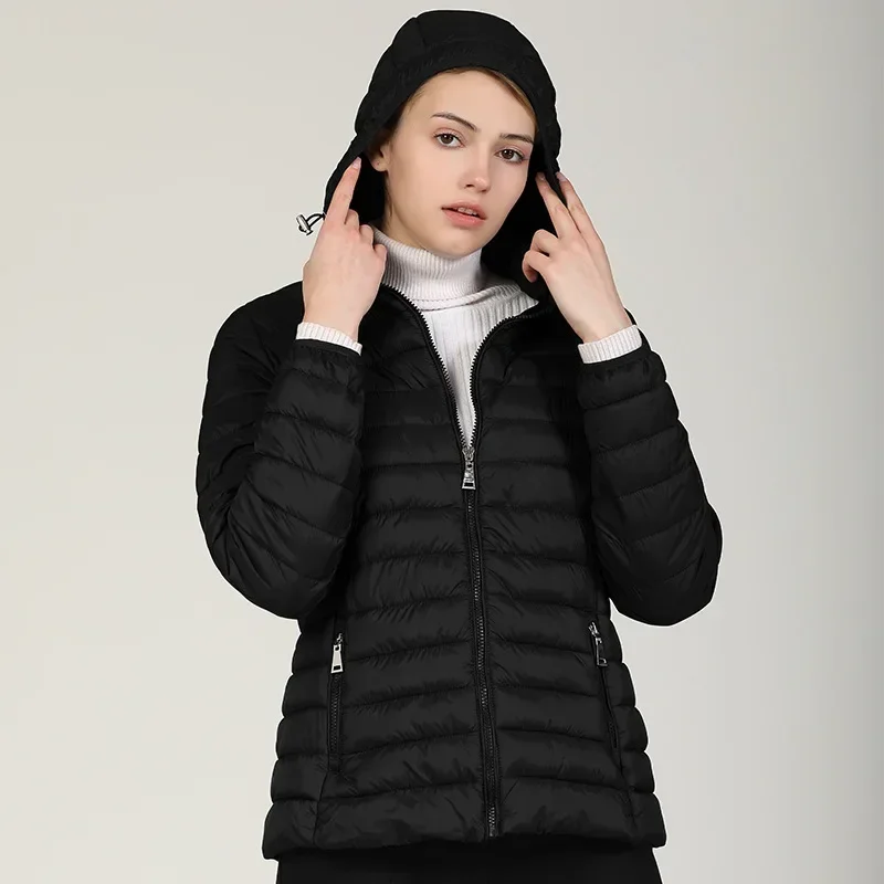 Jaquetas parkas de algodão para mulheres, capuz preto, casacos novos, inverno e outono, 2024