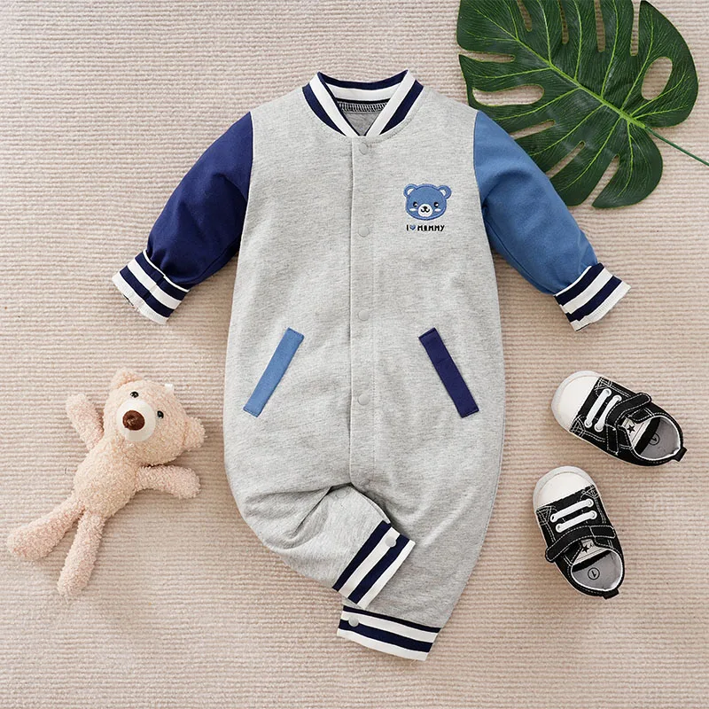 Newborn Baby Clothes Blue and gray bear pattern Cotton Long Sleeve fashion casual Toddler Boy Clothes Kids Jumpsuit Pyjama